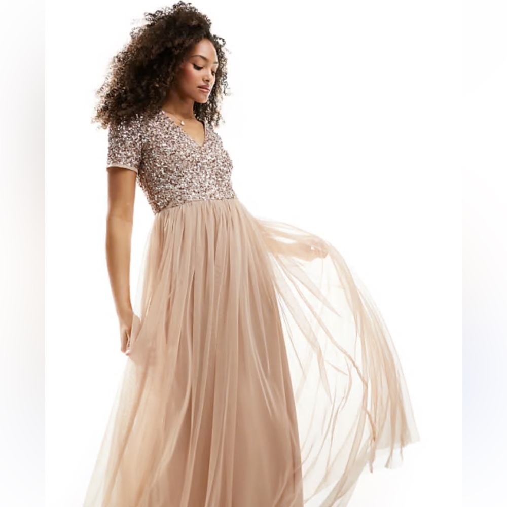 NWT Maya Deluxe Sequin Tulle Evening Gown Wedding
